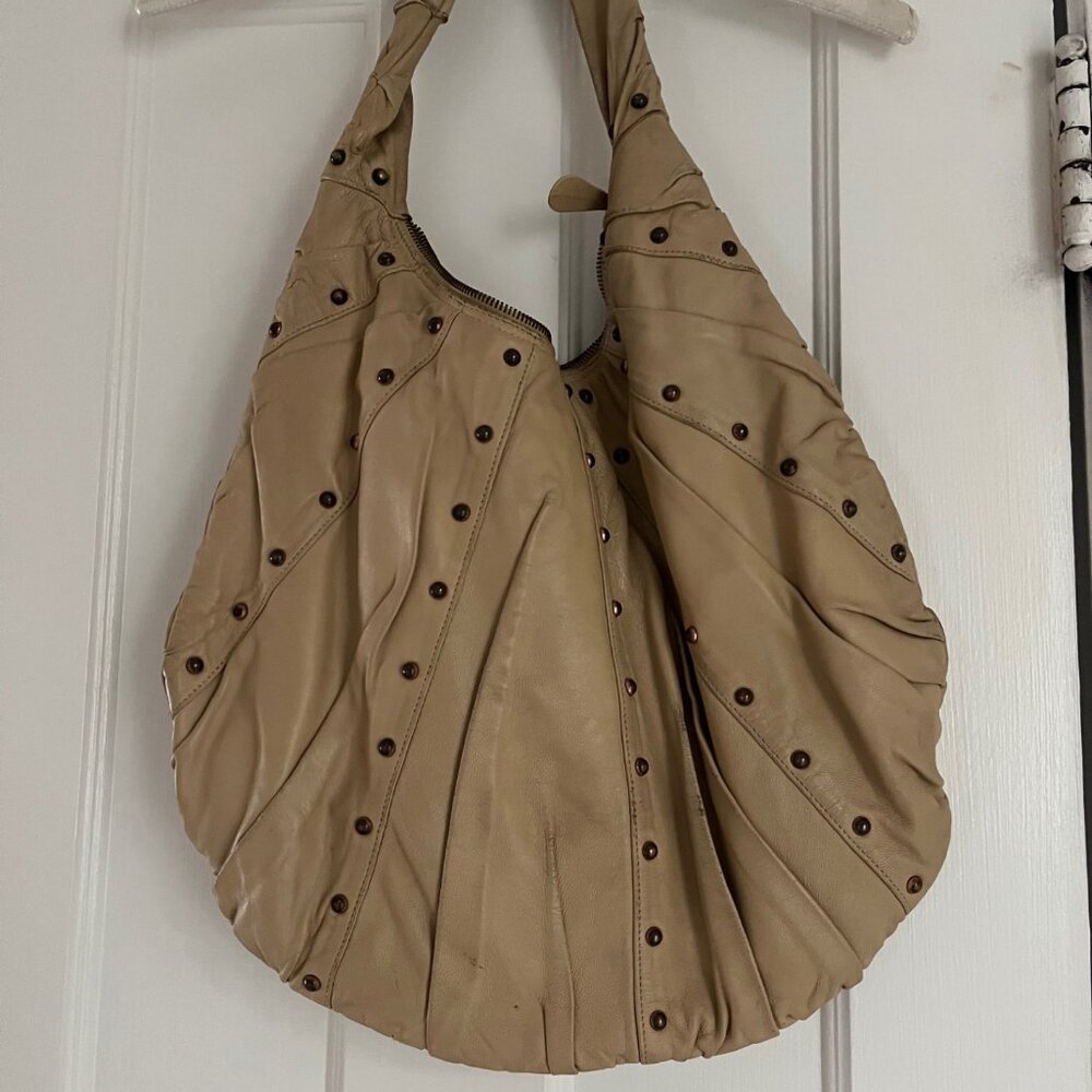 Vintage Purse Goldenbleu Light Tan Leather Studded Hobo Bag Tote Brass Studded